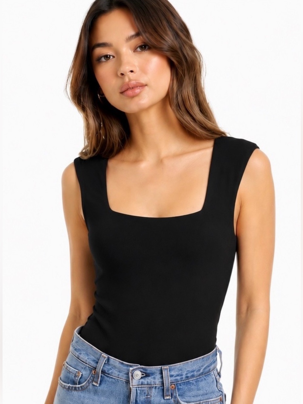 Grey Lab Women's Black Square Neck Padded Cap Sleeve Bodysuit Size S